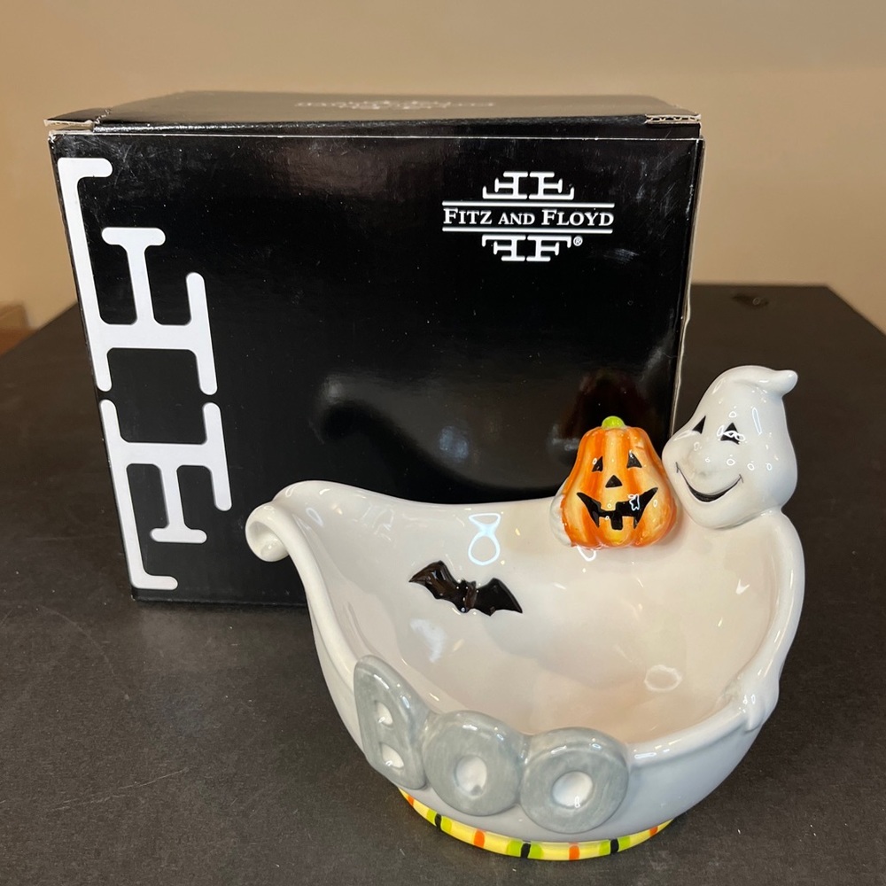 Fitz & Floyd Classic Ghost With Pumpkin,Bat Halloween Bowl New In Box